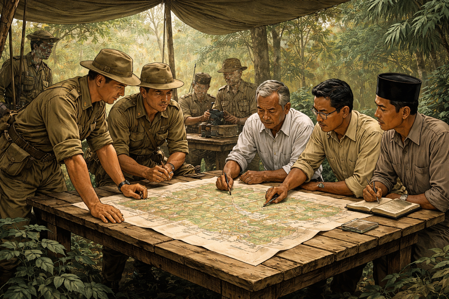 British soldiers collaborating with local officials in Malaya