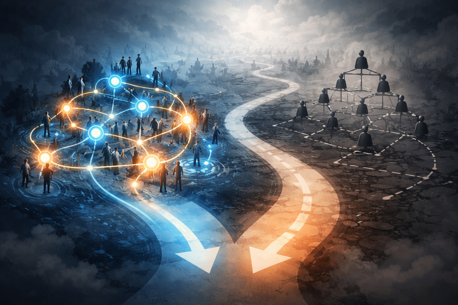 Two diverging paths representing learning vs non-learning organizations